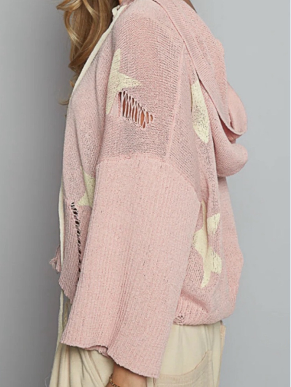 Lace-Up Star Patch Distressed Knit Hoodie pink and‎ yellow #Boho  #coquette - Picture 4 of 7